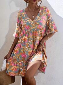 Nuevo vestido de verano casual con cuello en V y estampado floral, estilo bohemio para mujer