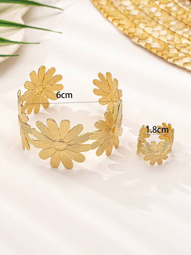 1 套简约时尚多叶迷你金属手链 + 戒指首饰套装，夸张的设计适合送给亲朋好友 - 金黃色 - 查看 6