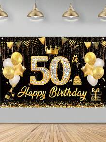 1块亮黑色金色“生日快乐”背景布，适用于30岁、40岁、60岁、70岁、50岁生日派对装饰，150*100厘米涤纶背景布，亮面生日拍照背景布，生日庆祝背景布，家居装饰，房间装饰，墙面装饰，生日横幅装饰，节日派对用品 - 黑金生日 - 查看 3