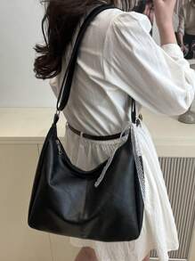 高品质时尚简约包包，女士包，休闲单肩包，大容量腋下包，复古多功能斜挎包 - 纯色，黑色，斜挎包，适合多种场合，拉链封口，涤纶内衬，无包边 - 黑色 - 查看 4