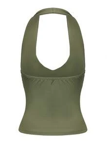 Top corto con escote redondo liso y abertura - Verde militar - Ver 4