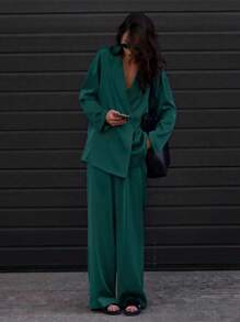 女士休闲宽松缎面古着印花西装裤，宽松两件套西装，适合办公室穿着的商务休闲装 - 墨綠色 - 查看 4