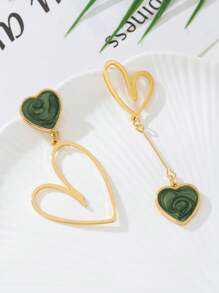 1 对金属不对称心形吊坠耳环，生日、周年纪念、约会礼物 - 綠色 - 查看 4