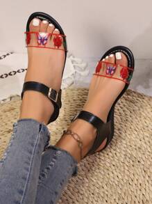 Sandalias de mujer con suela gruesa y punta abierta de estilo informal y elegante, versátiles para uso en exteriores durante el verano, con estampado de leopardo, tacón de cuña estilo romano y diseño de hebilla que no cansa, ideales para citas y reuniones