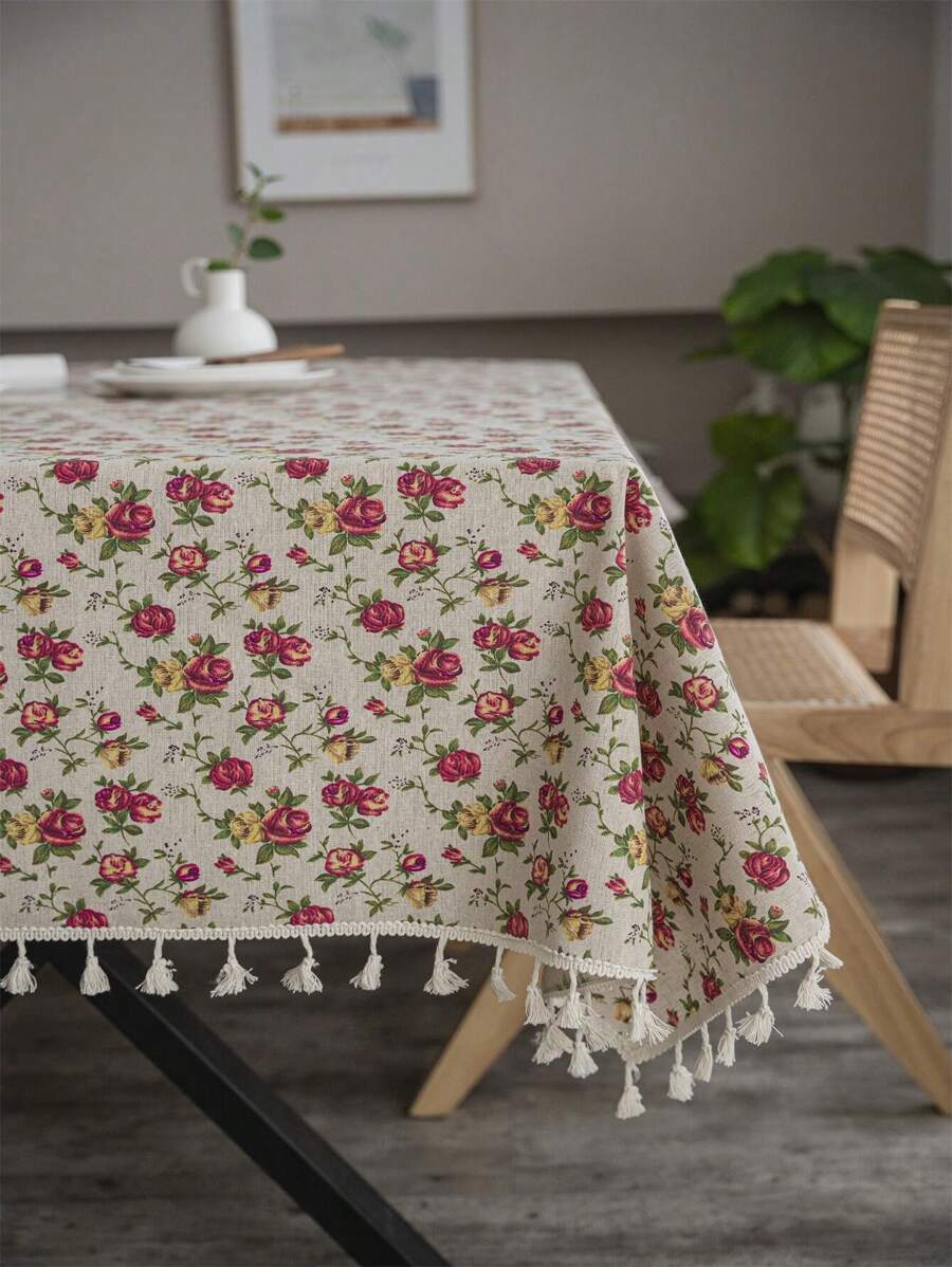 Bubaba 1 Piece Vintage Rose Floral Rectangular Tablecloth, Bohemian Rustic Farmhouse Style Linen Flower Print Home Decor, Suitable For Dining Room, Kitchen, Bedroom, Living Room, Events, Parties, Weddings, Festivals, All Seasons, Round Tablecloth