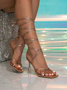 女士金属带系带全息装饰方头细高跟凉鞋，迷人夏日夜店派对时尚性感罗马高跟鞋 - 香檳色 - 查看 4