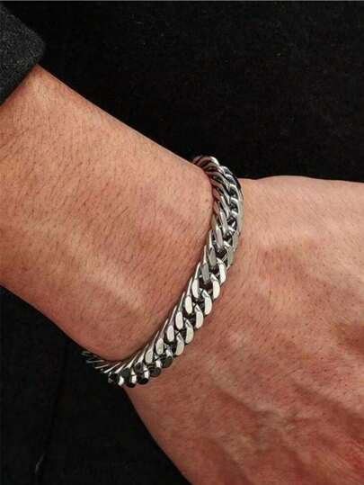 1 件钛钢手链，嘻哈街头时尚配饰，欧美跨境双层编织钛钢银色朋克粗链简约手镯，M 码 16 厘米，L 码 19 厘米