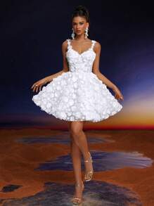 Anymoon Elegant Solid Color Applique Spaghetti Strap Cocktail Party Dress, Prom Dress, For Valentine's Day - White - View 1