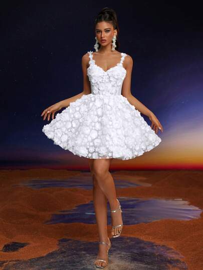 Anymoon Elegant Solid Color Applique Spaghetti Strap Cocktail Party Dress, Prom Dress