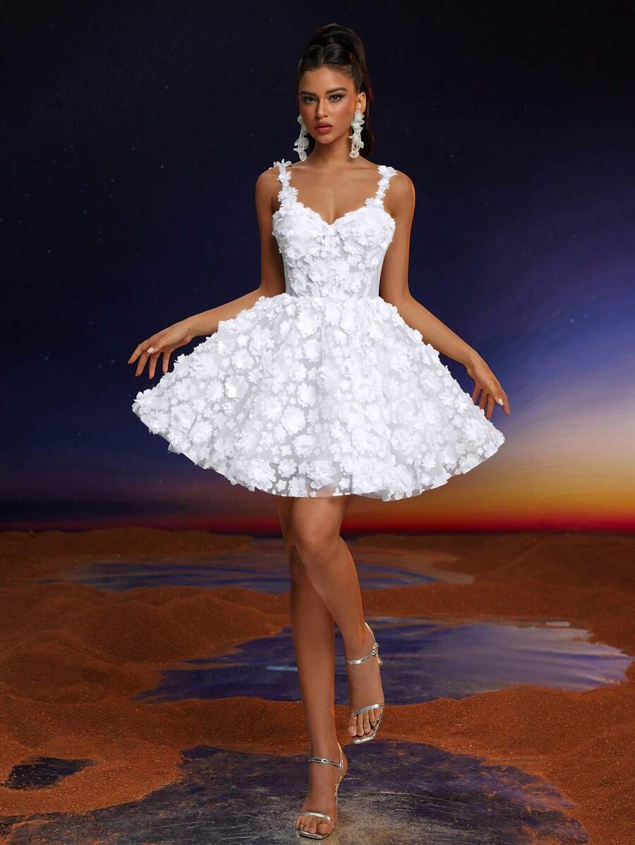 Anymoon Elegant Solid Color Applique Spaghetti Strap Cocktail Party Dress, Prom Dress, For Valentine's Day - White - View 1