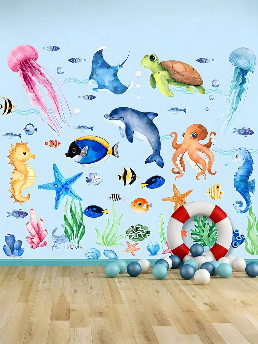 52件/4張海洋牆貼,水下牆貼,可移動海洋生物,海洋動物貼紙,水下海洋生物牆面裝飾,可撕貼藝術,適用於臥室、客廳、浴室,可愛風格 - 彩色 - 查看 1