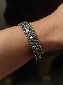 1pc Vintage Adjustable Skull & Rose Floral Engraved Bangle Bracelet, Rocks/Casual Style For Men