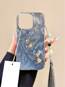 全新透明羽毛 IMD 渐变 PC+TPU 二合一光面树枝鸟画防震手机壳，附赠珠子梅花白扇流苏吊坠手机饰品 - 彩色 - 查看 3