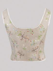 Koronkowy top z nadrukiem kwiatowym, kwadratowy dekolt, zabudowany biust, usztywniony gorset, góra, urodziny, przyjęcie, święta, damskie topy, moda, codzienny top Cami