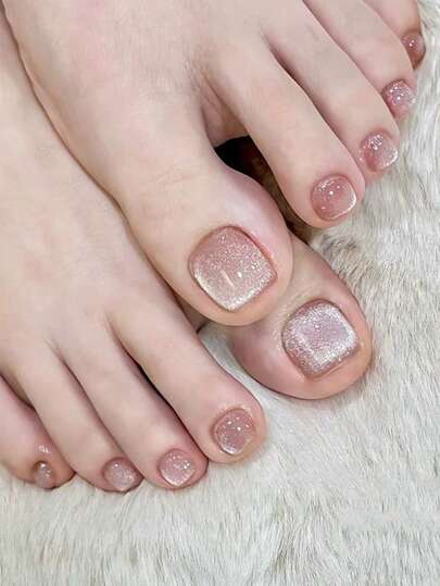 24-Piece Short Square Press On Nails Set, French Simple Nude Cat Eye Summer Nails, Glossy Toenails, Suitable For Any Occasion Nail Supplies Nails