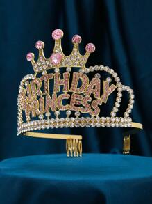 1件欧美风格派对/婚礼/生日皇冠，合金水晶水钻新娘头饰 - 金色 - 查看 4