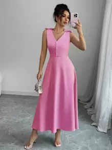 Vestido midi con lazo y botones en la cintura de color azul sin mangas para mujer Elenzga