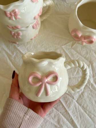 1pc Handmade 3D Bow Ceramic Mug, Asymmetrical Shape Coffee Cup, Breakfast Cup, Afternoon Tea Cup, Suitable For Home, Restaurant, Cafe, Gift Back To School