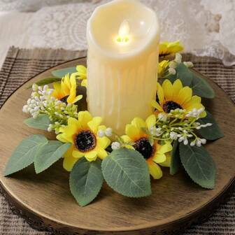1 件婚礼烛台花环 - 人造向日葵和桉树叶花环，适合婚宴、情人节、圣诞节、新年、感恩节、母亲节、父亲节、复活节、蜜蜂节和其他节日的桌面装饰。家庭餐桌派对装饰，婚礼圣诞门花环（不含蜡烛）