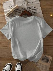 女士度假休闲印花圆领短袖 T 恤 - 灰色 - 查看 2