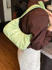 1pc Fashionable Green PU Pleated Cloud Shoulder Bag With Bow Decor, Simple & Elegant For Women