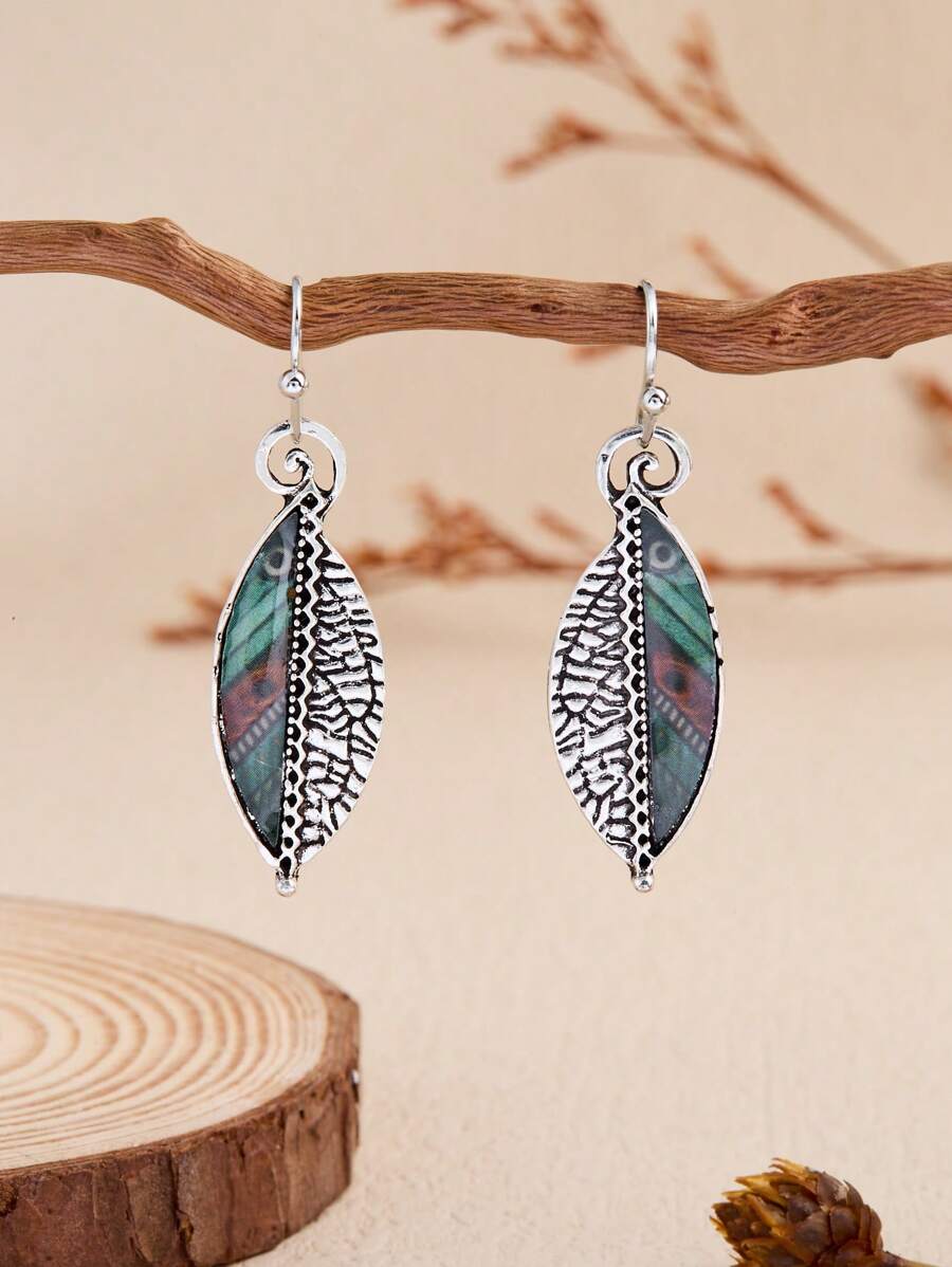 LUMIDIYA 1 Pair Vintage Cowgirl Western Boho Style Leaf Earrings, Personalized Abstract Rainbow Green Leaves, Creative Jagged Artificial Leaves, Retro Jewelry Women Western Earrings
