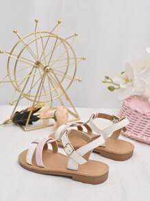 1 双女童时尚简约拼色 T 型带平底凉鞋，适合夏季度假、海滩、日常穿着 - 粉色 - 查看 5