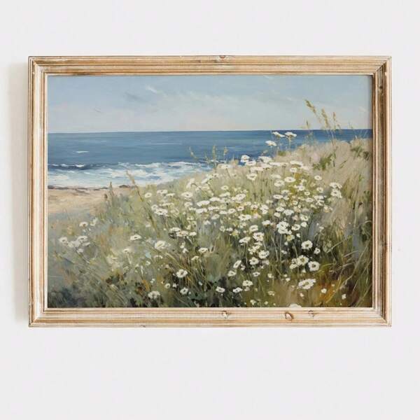 1 pieza Póster de arte de pared de lienzo con impresión de paisaje rústico de flores silvestres vintage, y playa de verano, sin marco/con marco, para decoración minimalista de apartamento, sala de estar, dormitorio, hogar moderno