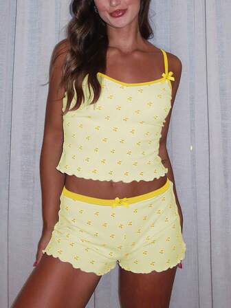 Women Contrast Trim Fruit Print Camisole & Shorts 2 Pieces Set, Sexy Summer Outfit