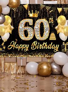 1块亮黑色金色“生日快乐”背景布，适用于30岁、40岁、60岁、70岁、50岁生日派对装饰，150*100厘米涤纶背景布，亮面生日拍照背景布，生日庆祝背景布，家居装饰，房间装饰，墙面装饰，生日横幅装饰，节日派对用品 - 黑金生日 - 查看 10