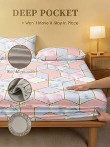 2/3pcs /Set Pink Gray Geometric Marble Pattern Fitted Sheet Set Without Filler, Fitted Sheet Set For Bedroom Brushed Microfiber Breathable Comfortable 1pc Mattress Cover With 1/2pcs Pillowcase, Bed Cover Set King Queen Full Twin Size Fitted Sheet Set For Bedroom Brushed Microfiber Breathable Comfortable Sheet Bedspread Deep Pocket Up To 11.8 Inch Breathable Wrinkle-Free Better For Sleep, Machine Washable Domitory Bedding Back School Bedding - Pink - View 5