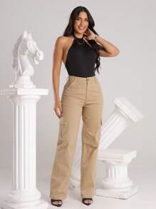 Women's Wide Leg Cargo Jeans Thick Fabric High Waist - Caqui - Ver 2