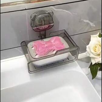 Bear Suction Cup Soap Dish With Sponge Nail-Free Drain Bathroom Wall Double Layer Soap Box