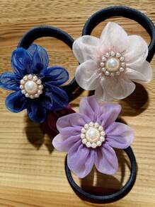 3pcs Flower Decor Hair Tie, Ponytail Holder, Hair Tie Set Hair Accessories For Women - Multicolor - View 3