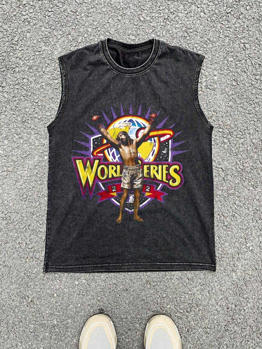 Men's Vintage Printed Loose Fit Round Neck Casual Sleeveless Top - Black - View 1