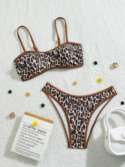 2 Stücke Damen Bikini mit Tier Muster und flachem Oberteil, abnehmbarer Trägergurt, geeignet für Insel Urlaubsfotografie