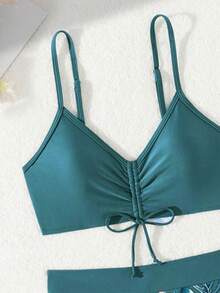 2pcs Green Floral Print Wrap Style Swim Brief Set, Suitable For Multiple Occasions Vacation Beach Summer - Blue - View 5