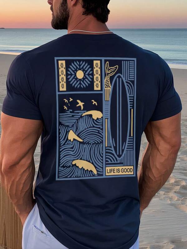 Camiseta de manga corta de cuello redondo con estampado gráfico casual para hombre, verano