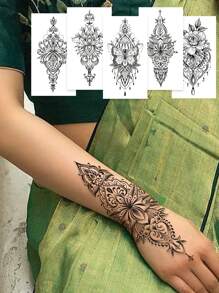 5 pezzi Tatuaggi temporanei neri - Tatuaggi all'henné autentici, tatuaggi naturali e temporanei su mani/braccia, tatuaggi temporanei stile mandala - 2 disegni unici, adatti per i vegetariani, ottimi per festival/matrimoni. Adesivi per tatuaggi temporanei all'henné dipinti a mano - henné rosso, tatuaggi temporanei impermeabili per il corpo delle donne, tatuaggi tradizionali all'henné rosso - 2 adesivi per la pelle sicuri, perfetto vestibilità. Tatuaggi finti ipoallergenici, durano 3-5 giorni, facili da applicare e rimuovere.
