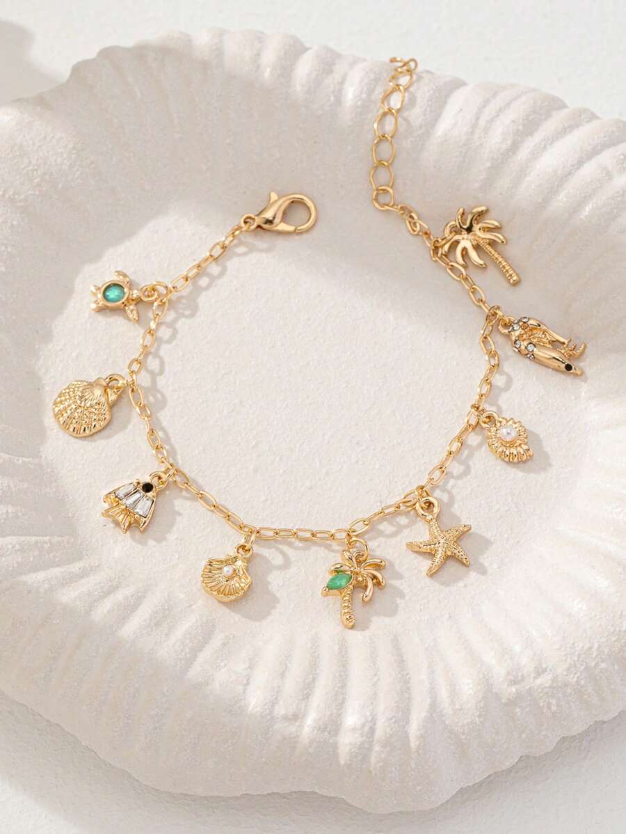 1件夏季海滩海星贝壳吊坠手链，热带棕榈树鱼形手链，波西米亚风女士饰品 - 彩色 - 查看 1