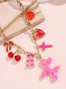 1 pieza Collar colgante con diseños de fresa roja y rosa, cereza, lazo, oso, paleta y perro - Regalo de joyería divertida para mujeres apta para verano, citas y fiestas