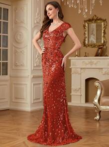 hezixi Đầm dạ hội sang trọng đính sequin lấp lánh, kiểu đuôi cá dài, đầm dự tiệc cưới, cocktail cao cấp, phù hợp cho khách mời dự đám cưới. - Màu Cam cháy - Xem 5