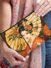 1pc Retro Japanese Style Pattern Makeup Bag Carry All Pouch - Zipper Lightweight Cosmetic Bag Travel Essentials Travel Accessories Travel Must Haves