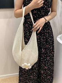 Yogodlns Hollow Out Weave Bag Bohemian Style Beach Handbag Hollow Tote Bag Large Capacity Slouchy Style Beach Bag Shopping Women Casual Beach Bag Large Capacity Crochet Flower Tote Bag Fashion Tote Handbags Outdoor Travel Bag, Perfectly Matching With Crochet Set, Vacation Essentials, Perfectly Matching With Beach Accessories Women, Hottest Beach Bags For Women, Beach Necessities, Beach Essentials, Beach Stuff & Summer Essentials, Newest Holiday Bag , Bohemian Outfit For Women ,Vacation Essentials , Beach Bag - Beige - View 9