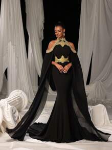 复古浪漫美人鱼礼服，金色蕾丝刺绣和戏剧性雪纺斗篷袖 | 适合黑色领带活动、戛纳电影节红地毯或皇家庆典派对的优雅礼服 - 黑色 - 查看 5