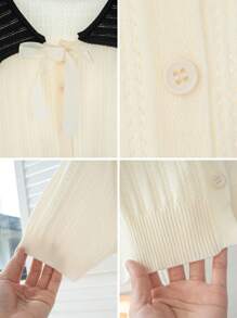 Cute Color Contrast Bow Collar Cardigan Knitted Sweater Top For Women, Summer