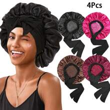 Awegeo 4 件装女士缎面软帽，带可调节黑色系带扣 - 纯色丝绸睡帽，用于保护头发、舒适居家和日常使用