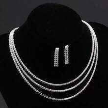 2pcs/Set Fashion Sparkling Crystal Rhinestone Necklace & Earrings Set, Bridal Jewelry For Wedding And Party - Silver - View 5