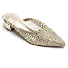 Mules à Talon Bas Avec Bout Pointu Et Strass Brillants - Gold - View 1