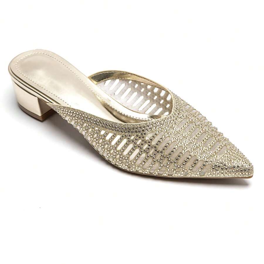 Mules à Talon Bas Avec Bout Pointu Et Strass Brillants - Gold - View 1